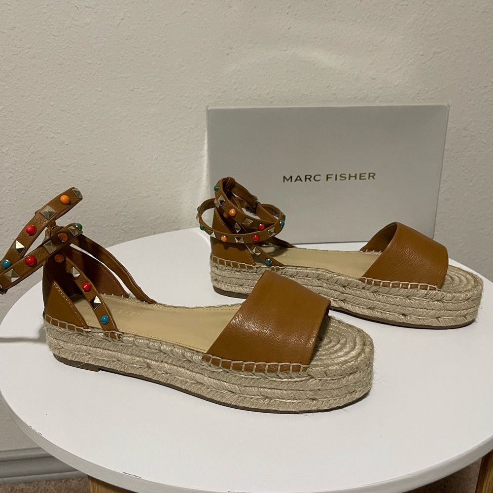 New Marc Fisher Brown Espadrille Sandals with Colorful Accents